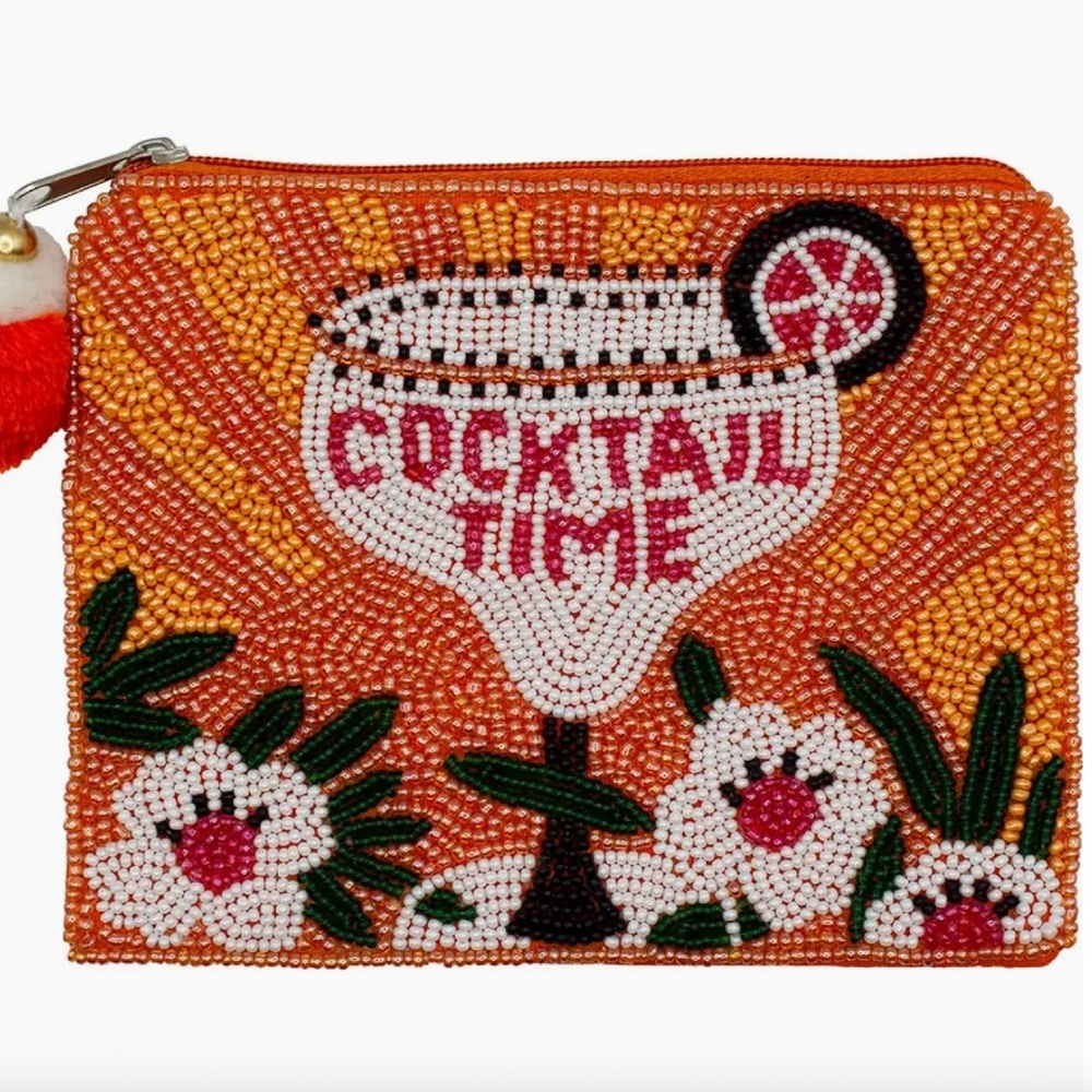 Handmade “Cocktail Time” beaded coin pouch crafted from 100% cotton.